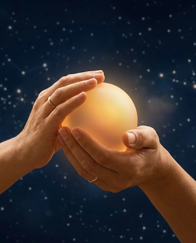 Mains tenant une sphère de lumière dorée — symbole de l'énergie partagée en consultation