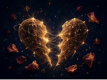 Corazón formado por hilos de luz dorada sobre cielo estrellado — desbloqueo sentimental