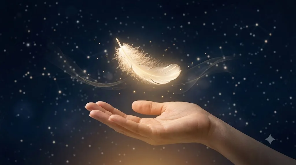 Pluma blanca luminosa sobre una mano abierta — cuidado energético de purificación