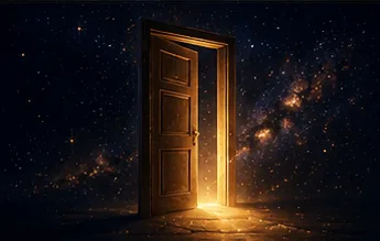 Puerta dorada entreabierta hacia un cielo estrellado — apertura a nuevas oportunidades