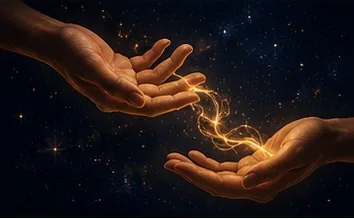 Dos manos unidas por un hilo de energía dorada — consulta a distancia