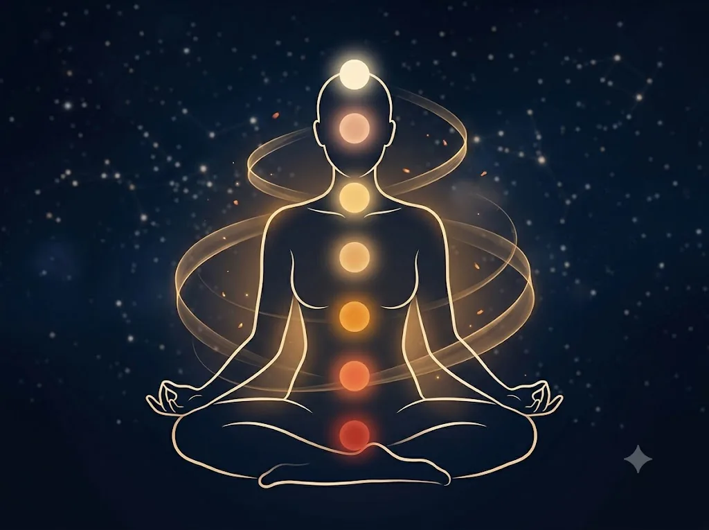 Silueta en meditación rodeada por los 7 chakras luminosos — magnetismo y armonización