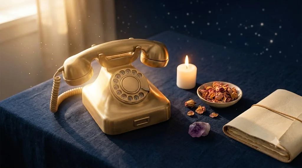 Teléfono dorado antiguo iluminado por una vela — consulta de videncia por teléfono